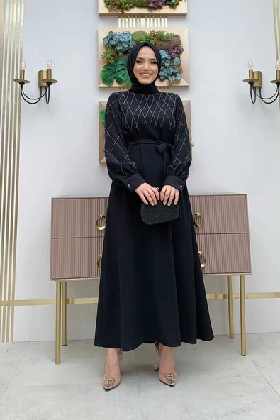 Taş İşlemeli Kuşaklı Elbise 3830 Siyah - 6