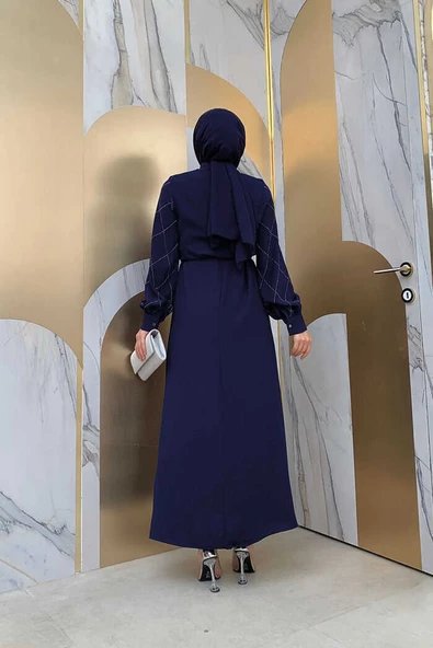 Taş İşlemeli Kuşaklı Elbise 3830 Lacivert - 5