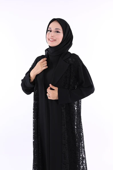 Yakalı Dantel Güpür Detay Abaya 7830 Siyah - Resim 4
