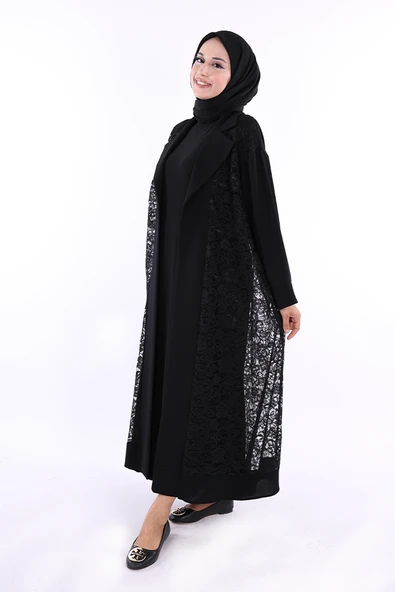 Yakalı Dantel Güpür Detay Abaya 7830 Siyah ürün görseli