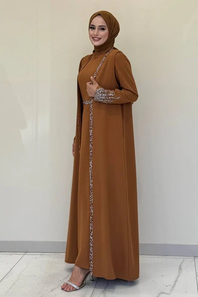Taş İşleme Detaylı Yelekli Elbise Takım 3838 Taba - Resim 3
