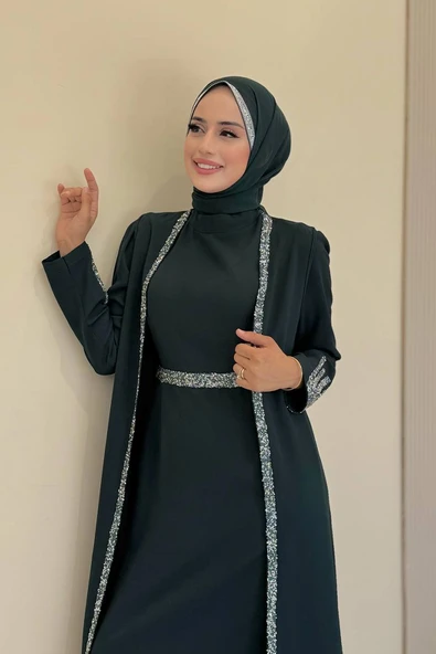 Taş İşleme Detaylı Yelekli Elbise Takım 3838 Zümrüt - Resim 4