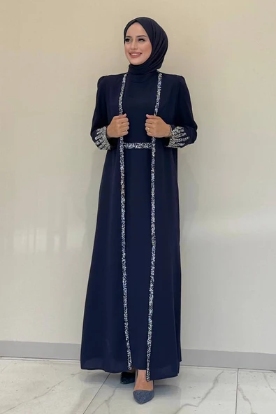 Taş İşleme Detaylı Yelekli Elbise Takım 3838 Lacivert