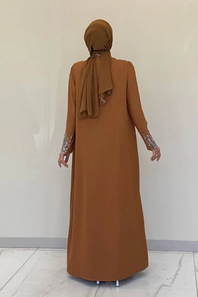 Taş İşleme Detaylı Yelekli Elbise Takım 3838 Taba - Resim 2