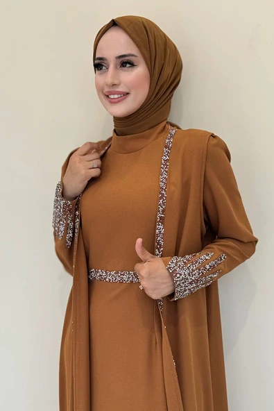 Taş İşleme Detaylı Yelekli Elbise Takım 3838 Taba - Resim 4
