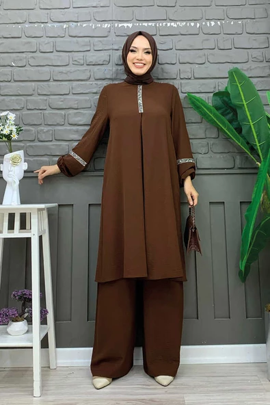 Taş İşleme Detaylı Pantolonlu Tunik Takım 8464 Kahverengi