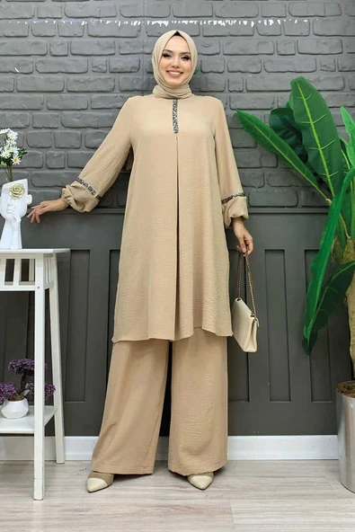 Taş İşleme Detaylı Pantolonlu Tunik Takım 8464 Taş - 5