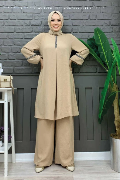 Taş İşleme Detaylı Pantolonlu Tunik Takım 8464 Taş