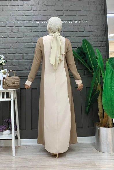 İki Renkli Taş Baskılı Elbise 3848 Vizon - 7
