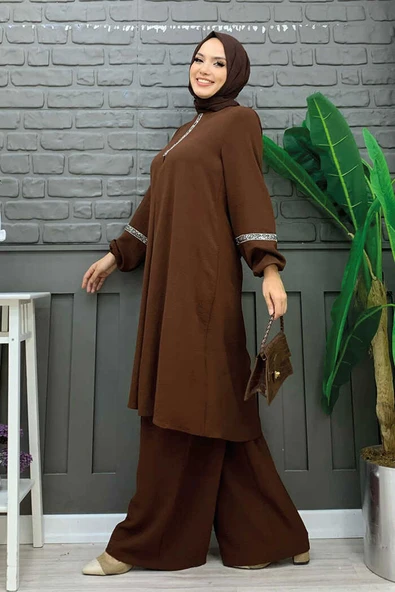 Taş İşleme Detaylı Pantolonlu Tunik Takım 8464 Kahverengi - Resim 3