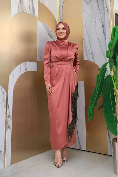 Etek Püskül Detay Kemer Aksesuarlı Saten Abiye Elbise 3763 gülkurusu siyah - Resim 3