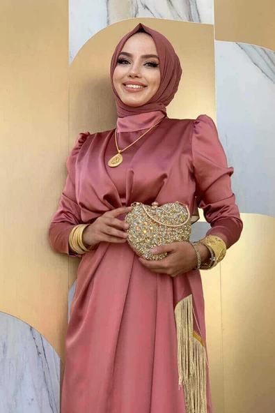 Etek Püskül Detay Kemer Aksesuarlı Saten Abiye Elbise 3763 gülkurusu gold - Resim 4