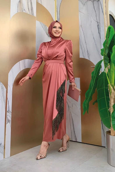 Etek Püskül Detay Kemer Aksesuarlı Saten Abiye Elbise 3763 gülkurusu siyah - Resim 5