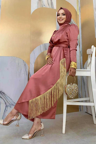 Etek Püskül Detay Kemer Aksesuarlı Saten Abiye Elbise 3763 gülkurusu gold - Resim 3