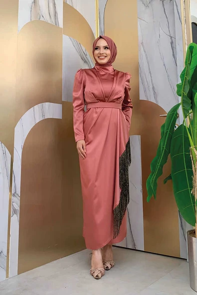 Etek Püskül Detay Kemer Aksesuarlı Saten Abiye Elbise 3763 gülkurusu siyah - Resim 4