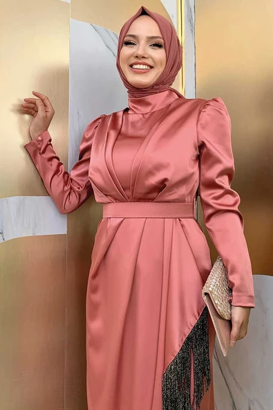 Etek Püskül Detay Kemer Aksesuarlı Saten Abiye Elbise 3763 gülkurusu siyah - Resim 6