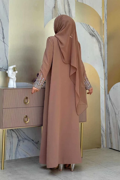 Büyük Beden Taş İşleme Detaylı Yelekli Elbise Takım 3838-1 Vizon - Resim 2