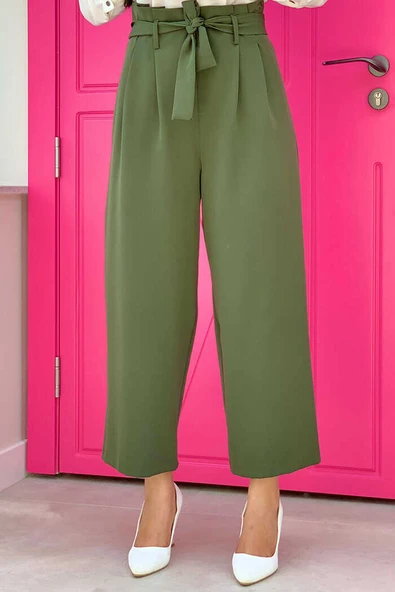 Fermuarlı Bel Bağcıklı Pantolon 0174 Haki - Resim 2