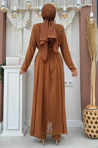 Şifon Pelerin Detay Bel Kuşaklı Tulum 3330 Taba - Resim 6