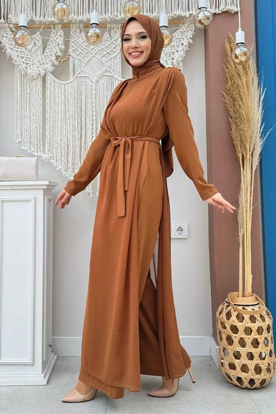 Şifon Pelerin Detay Bel Kuşaklı Tulum 3330 Taba - Resim 3