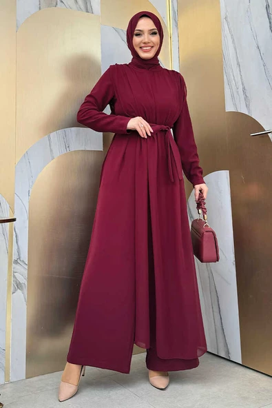 Şifon Pelerin Detay Bel Kuşaklı Tulum 3330 Bordo - Resim 5