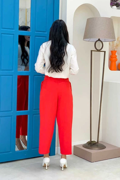 Fermuarlı Bel Bağcıklı Pantolon 0174 Kırmızı - 3