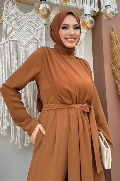 Şifon Pelerin Detay Bel Kuşaklı Tulum 3330 Taba - Resim 4