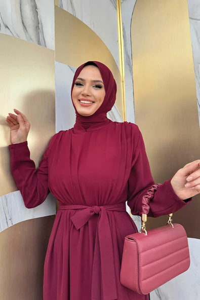 Şifon Pelerin Detay Bel Kuşaklı Tulum 3330 Bordo - Resim 4