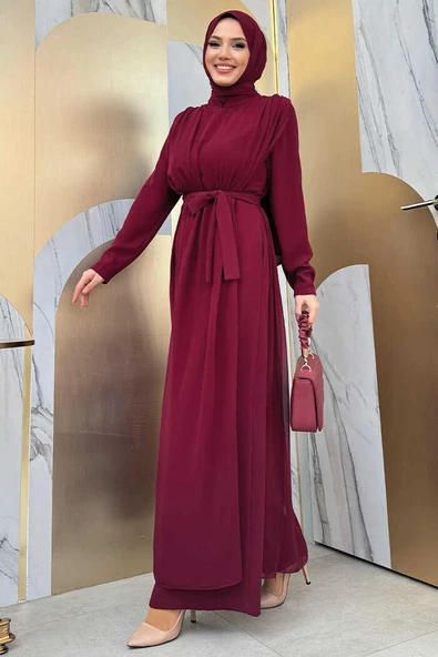 Şifon Pelerin Detay Bel Kuşaklı Tulum 3330 Bordo - Resim 3