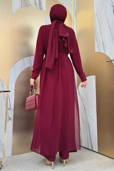 Şifon Pelerin Detay Bel Kuşaklı Tulum 3330 Bordo - Resim 6