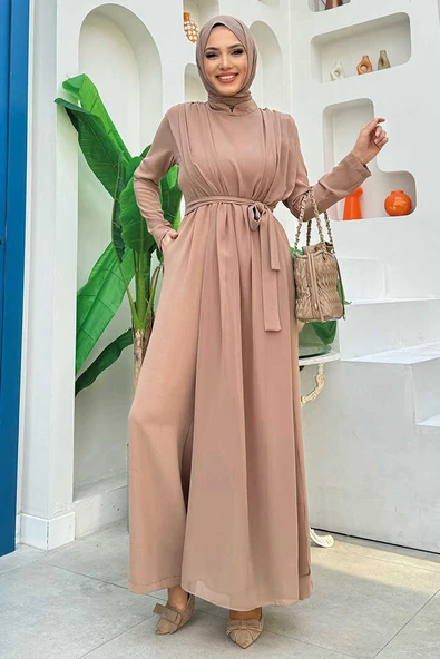 Şifon Pelerin Detay Bel Kuşaklı Tulum 3330 Vizon - 5