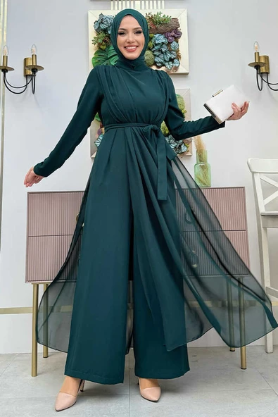 Şifon Pelerin Detay Bel Kuşaklı Tulum 3330 Zümrüt - 5