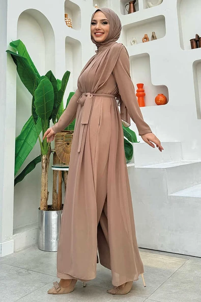 Şifon Pelerin Detay Bel Kuşaklı Tulum 3330 Vizon - 7