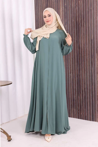 Fermuarlı Kol Manşetleri Büzgülü Mevlana Ferace 6007 Mint - Resim 2