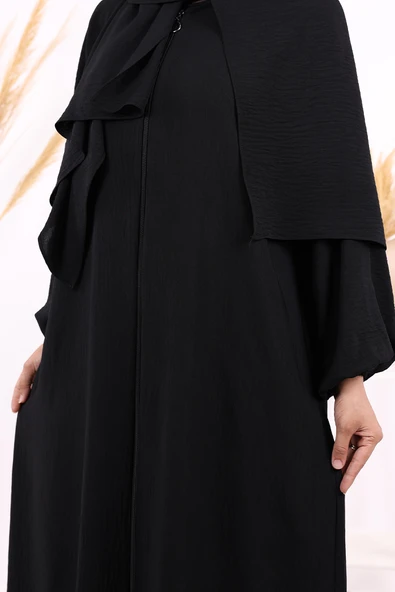 Fermuarlı Kol Manşetleri Büzgülü Mevlana Ferace 6007 Siyah - 5