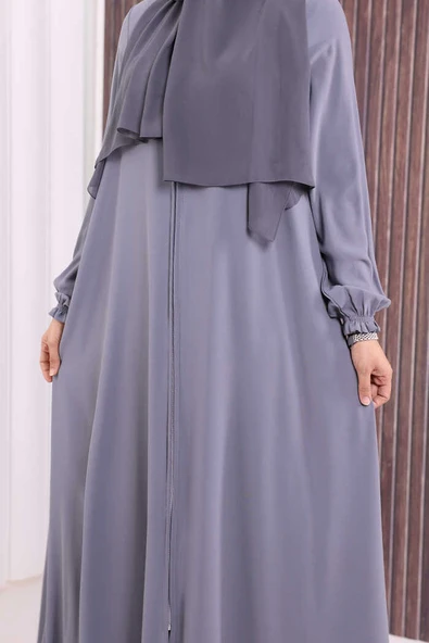 Fermuarlı Kol Manşetleri Büzgülü Mevlana Ferace 6007 Gri - Resim 6