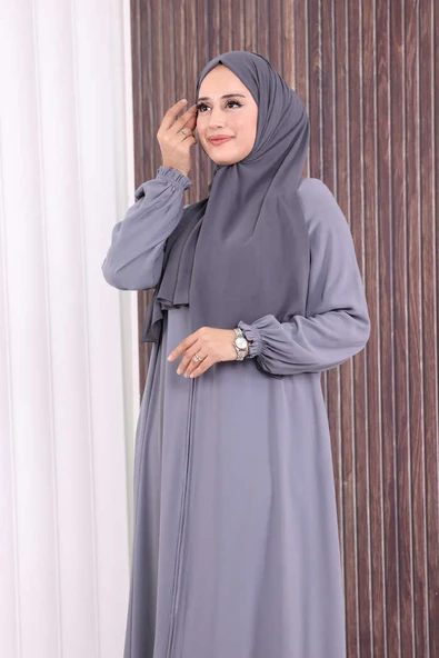 Fermuarlı Kol Manşetleri Büzgülü Mevlana Ferace 6007 Gri - Resim 5