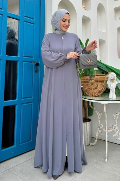 Fermuarlı Kol Manşetleri Büzgülü Mevlana Ferace 6007 Gri
