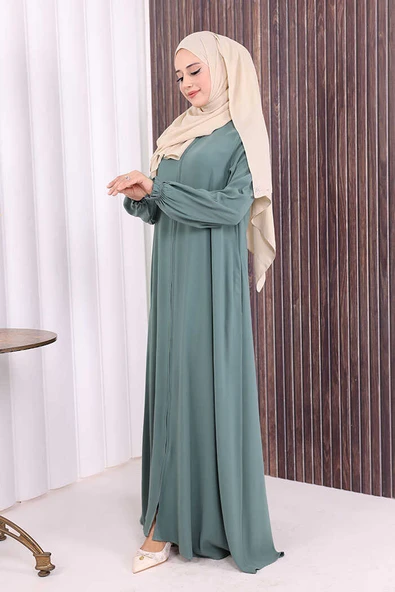 Fermuarlı Kol Manşetleri Büzgülü Mevlana Ferace 6007 Mint - Resim 3