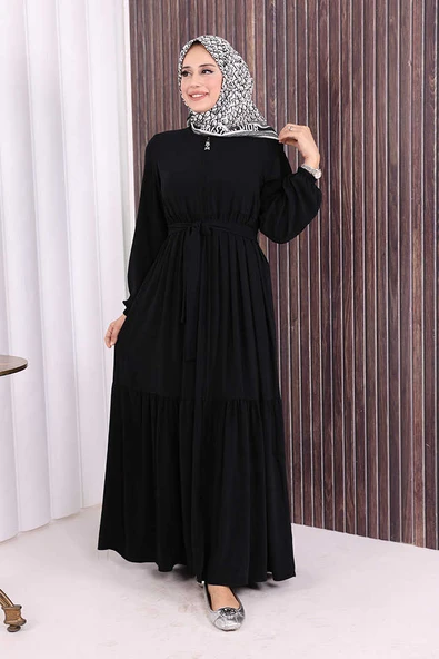 Fermuarlı Kol Manşetleri Lastikli Fırfırlı Elbise 6001 Siyah ürün görseli 1