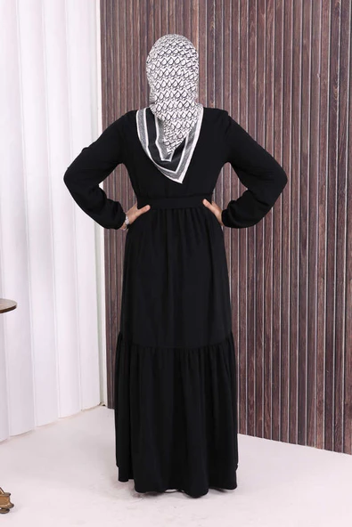 Fermuarlı Kol Manşetleri Lastikli Fırfırlı Elbise 6001 Siyah - Resim 4