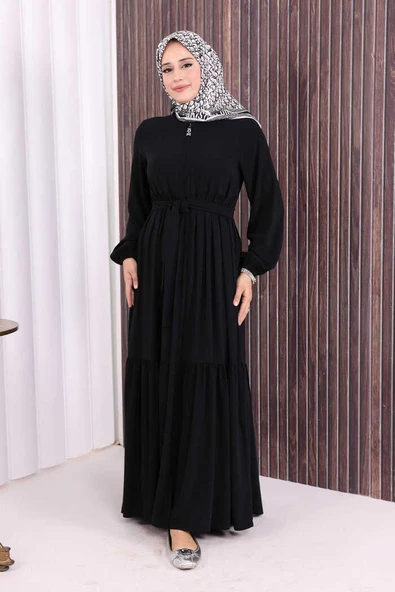 Fermuarlı Kol Manşetleri Lastikli Fırfırlı Elbise 6001 Siyah - Resim 2