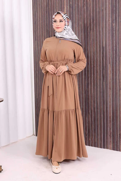 Fermuarlı Kol Manşetleri Lastikli Fırfırlı Elbise 6001 Vizon ürün görseli 1