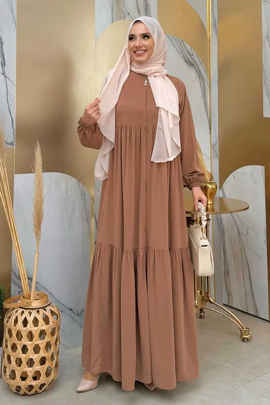 Fermuarlı Kol Manşetleri Lastikli Fırfırlı Elbise 6001 Vizon - 5