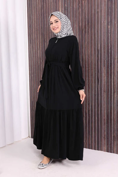 Fermuarlı Kol Manşetleri Lastikli Fırfırlı Elbise 6001 Siyah - Resim 3