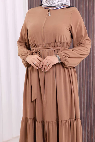 Fermuarlı Kol Manşetleri Lastikli Fırfırlı Elbise 6001 Vizon - Resim 5