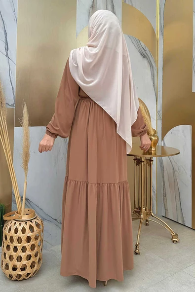 Fermuarlı Kol Manşetleri Lastikli Fırfırlı Elbise 6001 Vizon - 6