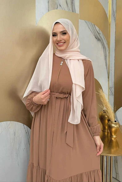 Fermuarlı Kol Manşetleri Lastikli Fırfırlı Elbise 6001 Vizon - 8