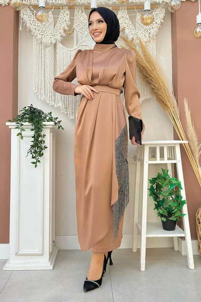 Etek Püskül Detay Kemer Aksesuarlı Saten Abiye Elbise 3763 Taba - 2