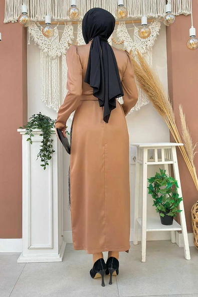 Etek Püskül Detay Kemer Aksesuarlı Saten Abiye Elbise 3763 Taba - Resim 3